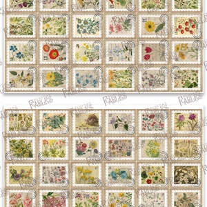 Puede incluir: Una colecci&oacute;n de sellos postales de estilo vintage con ilustraciones bot&aacute;nicas de diversas flores. Los sellos tienen un fondo beige con bordes festoneados blancos y el texto "FABLES". Cada sello muestra un dise&ntilde;o floral diferente.