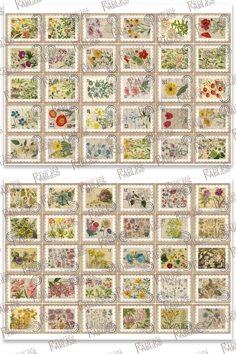 Puede incluir: Una colecci&oacute;n de sellos postales de estilo vintage con ilustraciones bot&aacute;nicas de diversas flores. Los sellos tienen un fondo beige con bordes festoneados blancos y el texto "FABLES". Cada sello muestra un dise&ntilde;o floral diferente.