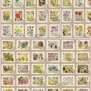 Puede incluir: Una colecci&oacute;n de 60 sellos postales falsos con ilustraciones de flores silvestres. Cada sello presenta un dise&ntilde;o floral &uacute;nico con una est&eacute;tica vintage. Los sellos est&aacute;n dispuestos en una cuadr&iacute;cula, con el texto "60 Wildflowers Faux Postage Stamps".