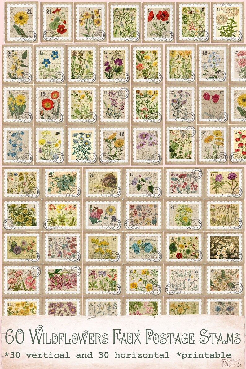 Puede incluir: Una colecci&oacute;n de 60 sellos postales falsos con ilustraciones de flores silvestres. Cada sello presenta un dise&ntilde;o floral &uacute;nico con una est&eacute;tica vintage. Los sellos est&aacute;n dispuestos en una cuadr&iacute;cula, con el texto "60 Wildflowers Faux Postage Stamps".