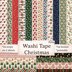 Könnte beinhalten: Eine Auswahl an weihnachtlichen Washi-Tape-Streifen mit verschiedenen Mustern. Designs umfassen Rentiere, Sterne, Nussknacker, Weihnachtsmützen, Ornamente und Geschenke. Der Text auf dem Bild lautet "Washi Tape Christmas". Das Bild sagt auch "*24 strips on 2 sheets" und "*A4 format *printable".