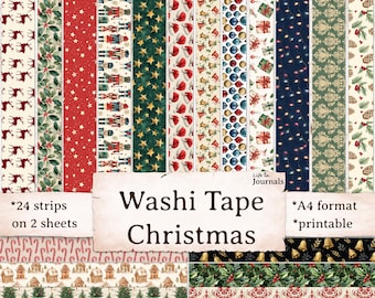 Christmas Washi Tape Strips Printable, Holiday Scrapbooking Ephemera, Junk Journal Embellishment, December Daily, Collage Sheet