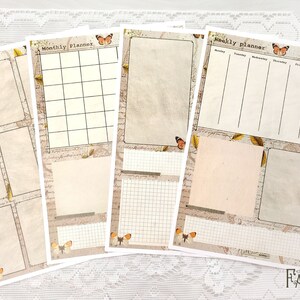 May include: Set of four printable planner pages with a vintage aesthetic. The pages feature a yearly plan, monthly planner, weekly planner, and a blank page with a grid pattern. Each page has a brown background with a distressed texture and is decorated with butterflies and leaves.