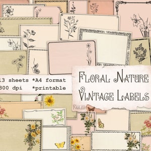 Vintage bloemenlabels, natuurverschijnselen, bloemen, ongewenste dagboek, scrapbooking, collage, digitale afdrukbare instant download, vintage kleuren