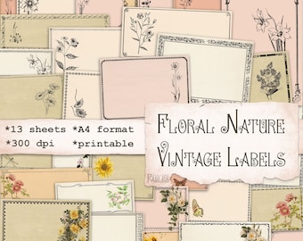 Floral Vintage Labels, Nature Ephemera, Flowers, Junk Journal, Scrapbooking, Collage, Digital Printable Instant Download, Vintage Colors