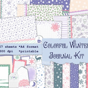 Kleurrijke winter, kerstdagboekkit, junkjournaal, Bullet Journal, december Daily, journaalpagina's, patroonpapier, kortstondige, digitaal
