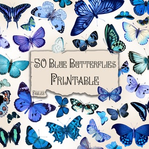 50 blaue Schmetterlinge, Vintage Fussy Cut Bilder, Dekorieren von Junk Journal, Bullet Journal, Art Journal, Papercraft, Printable Instant Download