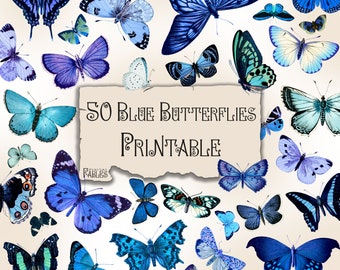 50 Blue Butterflies, Vintage Fussy Cut Images, Decorating junk journal, bullet journal, art journal, papercraft, Printable Instant Download