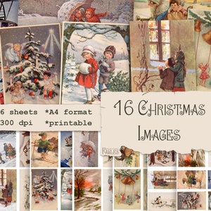 16 Christmas Images from Vintage Postcards in 2 Sizes, Winter Ephemera for Journals, ATC Cards, Christmas Printable Scrapbook Junk Journal