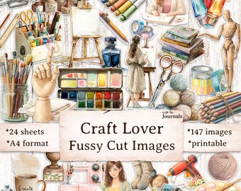 Craft Lover Fussy Cuts, 147 Printable Images, Art & Craft Images for Junk Journal, Scrapbook, DIY, Sewing, Knitting, Painting Ephemera