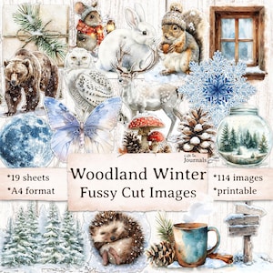 May include: A collection of watercolor images with a woodland winter theme. Includes illustrations of animals like a bear, rabbit, and squirrel, along with snowflakes, mushrooms, and a snow globe. The text reads "Woodland Winter Fussy Cut Images".