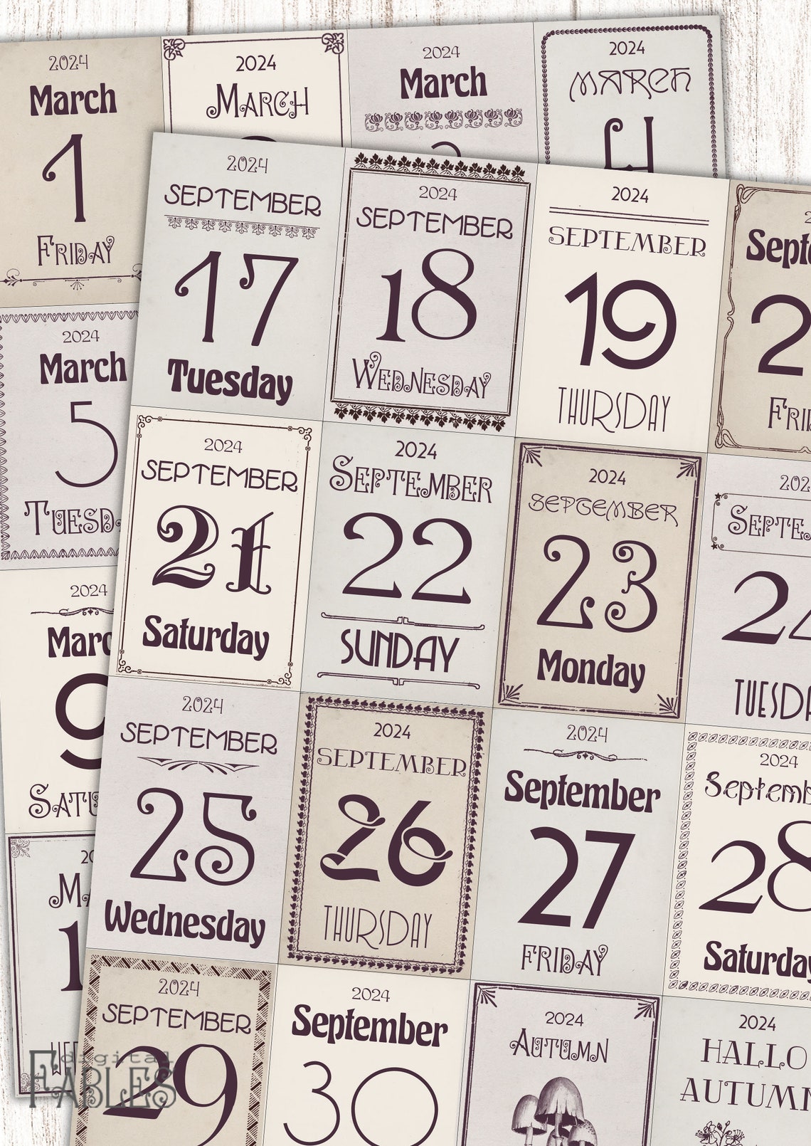 Vintage Style Calendar Cards With Dates 2024 GRAY, Mini Calendar, Junk
