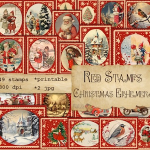 Red Stamps Christmas Ephemera, Digital Printable Instant Download for Scrapbooking, Winter Junk Journal, Card Making, Vintage Embellishment