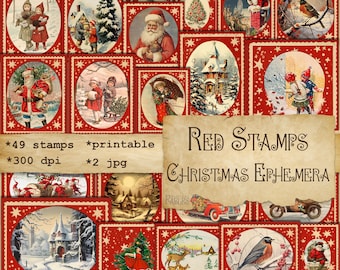 Red Stamps Christmas Ephemera, Digital Printable Instant Download for Scrapbooking, Winter Junk Journal, Card Making, Vintage Embellishment