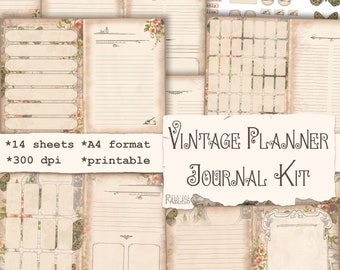 Vintage Planner Junk Journal Kit, Undated Digital Planner, Calendar, Bullet Journal, Monthly, Weekly, Lined Paper, Instant Download