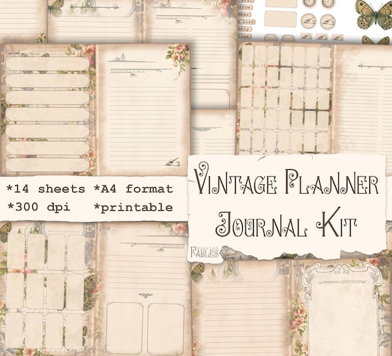 Vintage Planner Junk Journal Kit, Undated Digital Planner, Calendar, Bullet Journal, Monthly, Weekly, Lined Paper, Instant Download