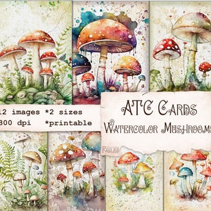 Aquarelle de champignons, cartes ATC, éphémères imprimables numériques de scrapbooking nature, journal indésirable, téléchargement immédiat, art esthétique champignon
