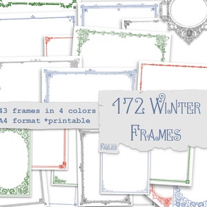 172 marcos decorativos de invierno, cuatro colores, imprimibles navideños, efímeras de diario de invierno, descarga instantánea, diario basura, álbum de recortes