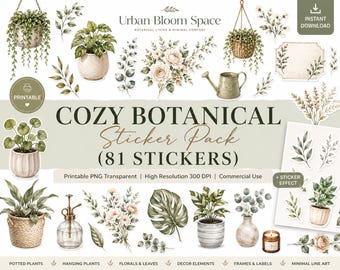 Cozy Botanical Sticker Pack – Watercolor Plants, Neutral (81 PNG)