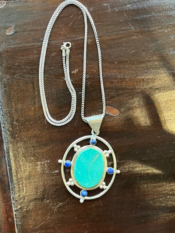 Natural turquoise and lapis sterling silver pendan