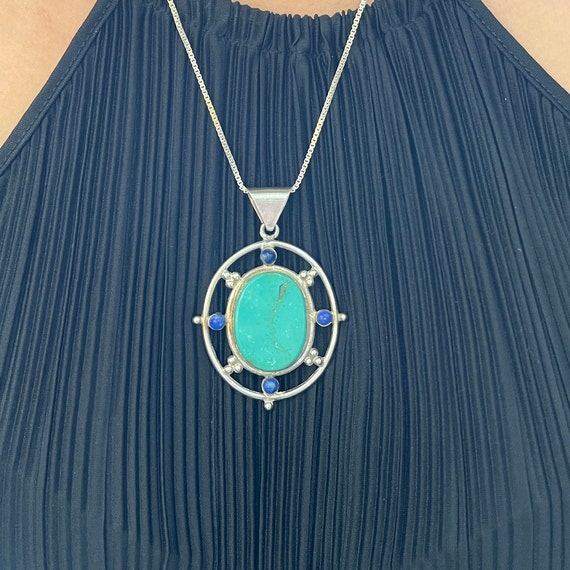 Natural turquoise and lapis sterling silver penda… - image 2