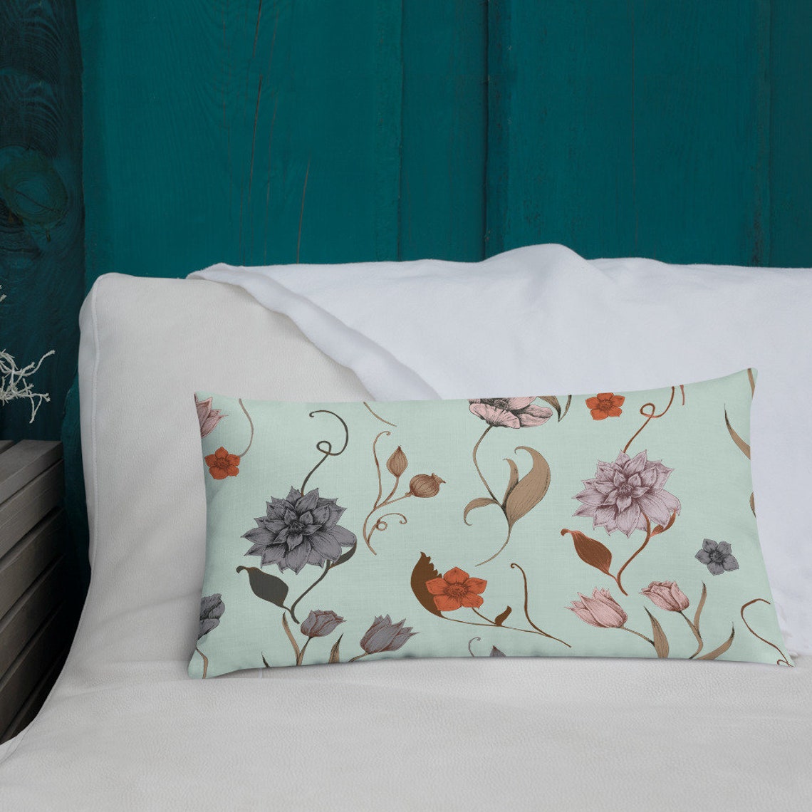 Mint Green Floral Print Premium Pillow Botanical Boho throw Etsy