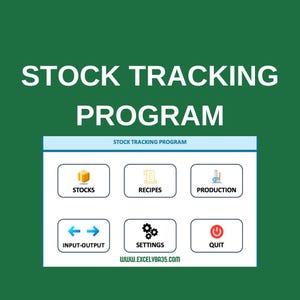 May include: A computer screen displaying a stock tracking program with buttons for stocks, recipes, production, input-output, settings, and quit. The program title is "Stock Tracking Program".