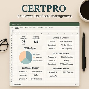 Puede incluir: Una hoja de c&aacute;lculo con el t&iacute;tulo "CERTPRO Gesti&oacute;n de Certificados de Empleados" que muestra un gr&aacute;fico con el t&iacute;tulo "87% por tipo" y tres secciones etiquetadas como "Seguridad", "T&eacute;cnica" y "Cumplimiento". La hoja de c&aacute;lculo tambi&eacute;n muestra una tabla con el t&iacute;tulo "Seguimiento de Certificados" y enumera nombres y tipos de certificados.