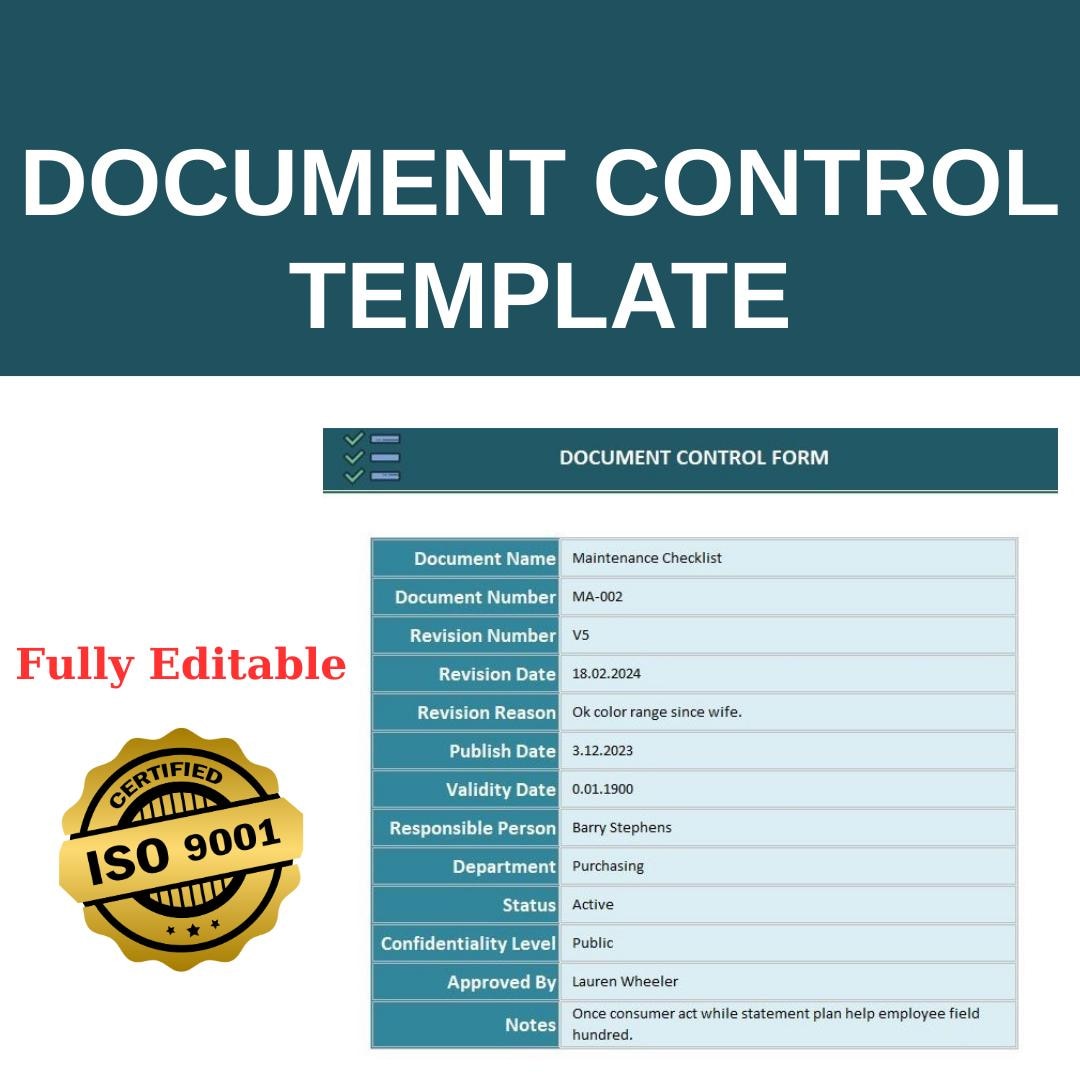 ISO 9001 Document Control Log | Excel Template | Fully Editable Tracker ...