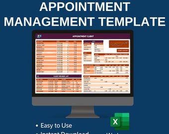 May include: A computer monitor displays an appointment management template. The screen shows a spreadsheet with data fields and the text "APPOINTMENT MANAGEMENT TEMPLATE." Additional text includes "Easy to Use," "Instant Download," and "Fully Editable."