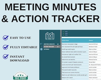 Meeting Minutes & Action Tracker Excel Template | ISO 9001 Compliant | Fully Editable | Instant Download