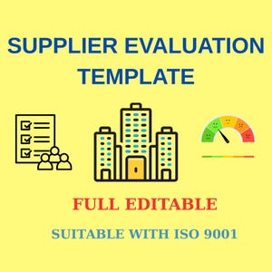 Puede incluir: Gráfico amarillo con el texto "SUPPLIER EVALUATION TEMPLATE" en azul. La imagen incluye iconos de una lista de verificación, edificios y un medidor de satisfacción. El texto adicional dice "FULL EDITABLE" y "SUITABLE WITH ISO 9001".