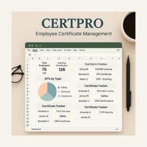 Puede incluir: Una pantalla de ordenador que muestra una hoja de c&aacute;lculo con el t&iacute;tulo "CERTPRO Gesti&oacute;n de Certificados de Empleados". La hoja de c&aacute;lculo muestra datos sobre los empleados y sus certificados que caducan. Un gr&aacute;fico circular muestra el porcentaje de certificados por tipo: seguridad, t&eacute;cnico y cumplimiento.