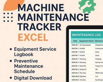 Maschinenwartung Tracker Excel Vorlage | Ausstattung Service Log | Plan für vorbeugende Wartung | Digitaler Download