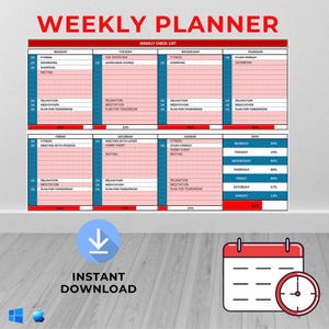 May include: A weekly planner with a red and blue color scheme. The planner is divided into days of the week and includes a checklist for each day. The planner also includes a section for daily goals and a section for relaxation and meditation.