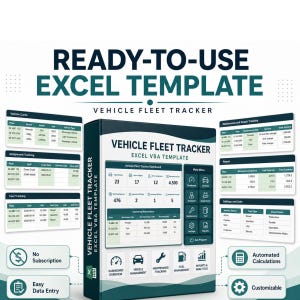Pode incluir: Um modelo Excel digital "PRONTO PARA USAR" para rastreamento de frota de veículos. Inclui painel, gestão de veículos, manutenção, combustível e relatórios. O design é verde-azulado e branco, com o texto "VEHICLE FLEET TRACKER". Oferece cálculos automatizados.