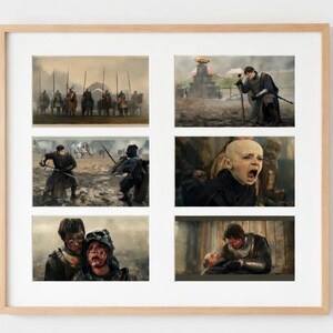 May include: A framed print featuring six scenes from a medieval battle. The images depict soldiers on horseback, combat with swords, and emotional reactions to the conflict. The color palette is muted, with browns, grays, and hints of red.