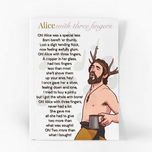 Puede incluir: Una impresión con el texto "Alice with three fingers" y un poema. La ilustración muestra a un hombre sin camisa con cuernos, sosteniendo una jarra. El fondo es blanco.