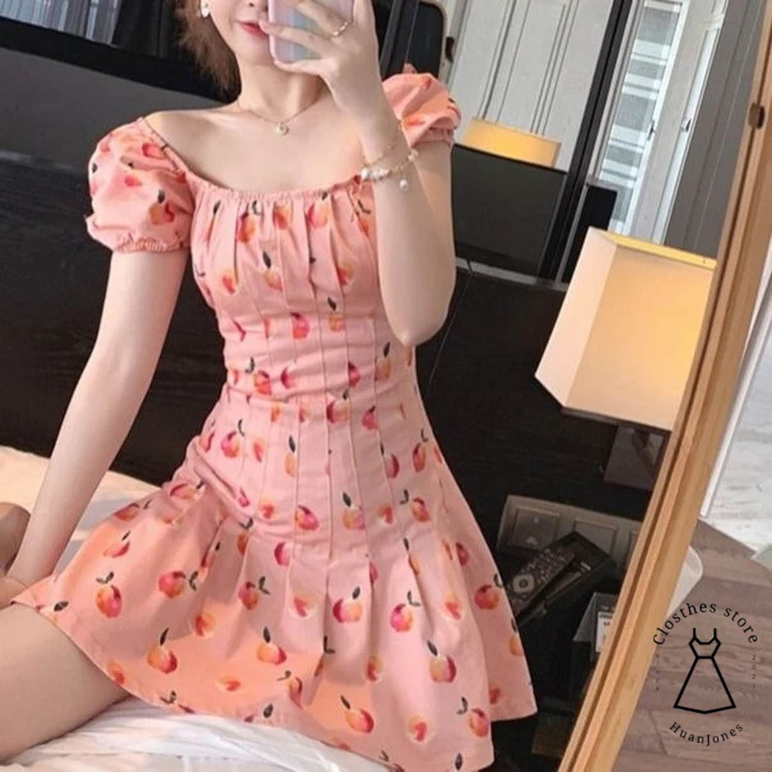 Pink Elegant Kawaii Dress Women Floral Print Cherry Mini Etsy