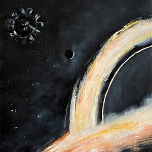 May include: An abstract painting of a black hole in space. The artwork features a swirling, orange and white vortex against a dark, starry background. A celestial object is in the upper left corner, and a crescent moon is in the center.