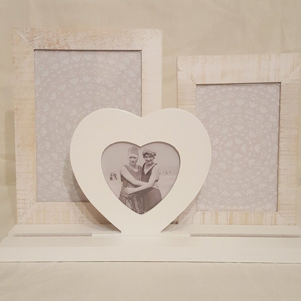 White-wash multi-frame, Three photo multi frame, Modern heart photo multi frame