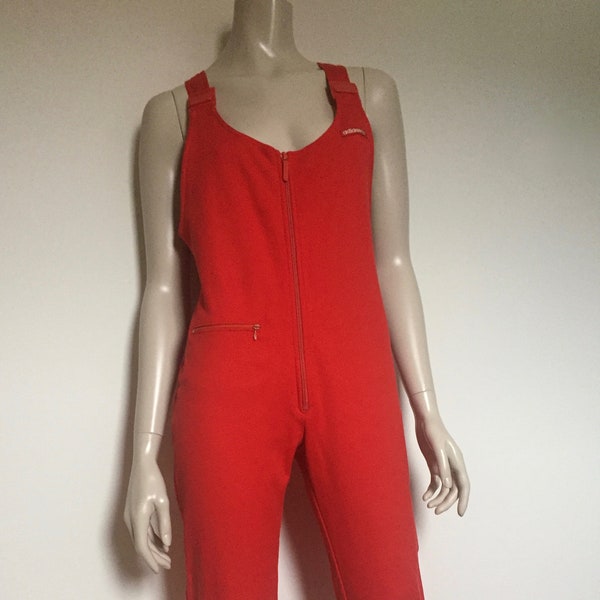 vintage 80's Rare Unisex Red Elastic ADIDAS Ski Suit Salopette Sous le genou Longueur Fermeture à glissière Poche avant Sportswear, taille S M (42)