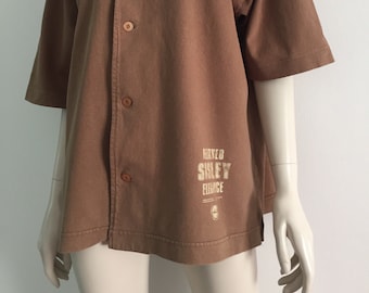 Vintage 90's Women's Cotton Brown SISLEY Short Sleeve Polo Oversized Shirt Point Collar Button Closure Side Slit, size L