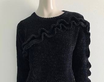 Vintage Women’s Dark Mélange Blue Heather Texture Long Sleeve Chunky Knit Short Pullover Sweater Double Ruffle Front and Sleeve, size M