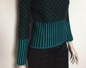 vintage 90's Femme Noir et Vert Rayé Damier Motif MAX&CO Tricoté Pull Court Pull Col Roulé Graphique Géométrique, taille M