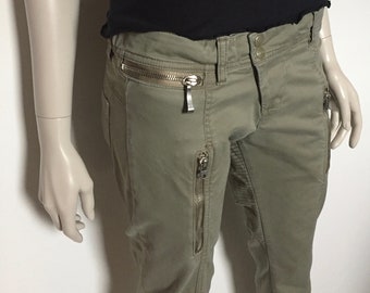 Vintage Women's Cotton Elastane Olive Green DIESEL Trousers Skinny Fit Pants Low Rise Front / Back Pockets Metal Zipper Closure, size IT 29