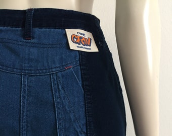 Vintage 90's Women's Dark Blue Cotton Patchwork Denim Velvet CHIPIE Maxi Skirt A-line Side Pockets Zipper Button Closure Split Back, size 40