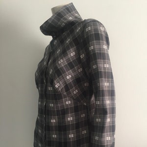 Vintage Women’s Cotton Grey Checkered Black&White ICHY Grunge Blouse Side Slit Geometric Pattern Embroidery Snap Button Closure, size L