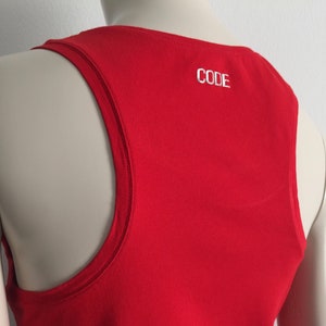 Vintage Women&#39;s Cotton Elastane Red SPORTMAX Max Mara Sleeveless Slim Top Scoop Neckline Racerback Silver Metal Print Logo Code, size M L