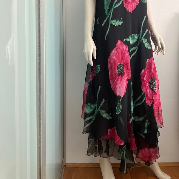 Vintage Women’s Black Sheer Viscose Tiered Layered Ruffle Hem Midi Tent Dress Spaghetti Straps Red Green Poppy Flower Print Pattern,size XL